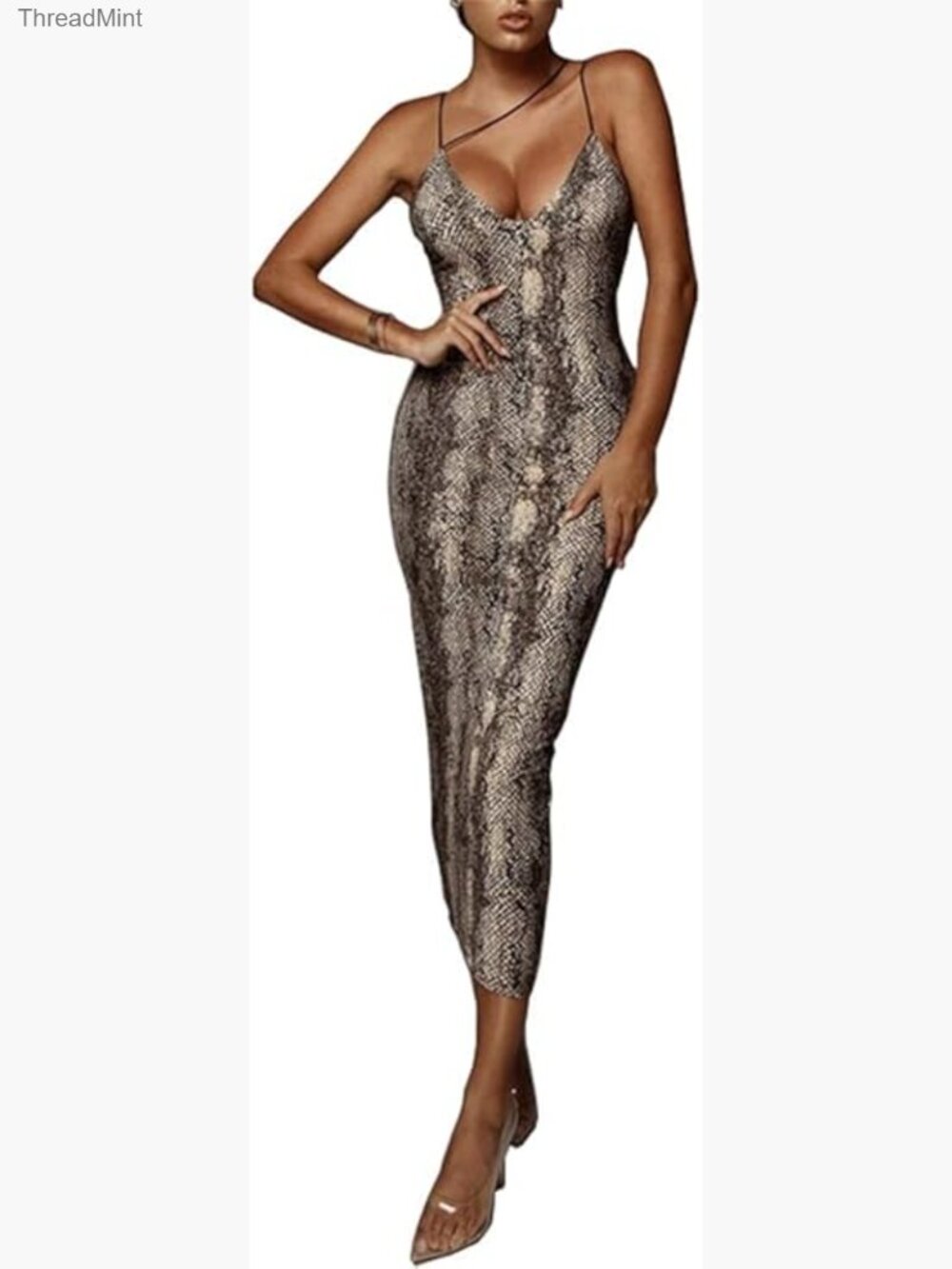 Sleeveless Bodycon Midi Dress Deep V-Neck Asymmetrical Spaghetti Strap